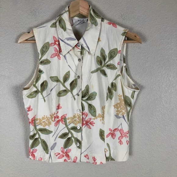 Vision Apparel Shirt Cream Floral Linen Blend Cropped Womens Size Medium - Picture 1 of 16